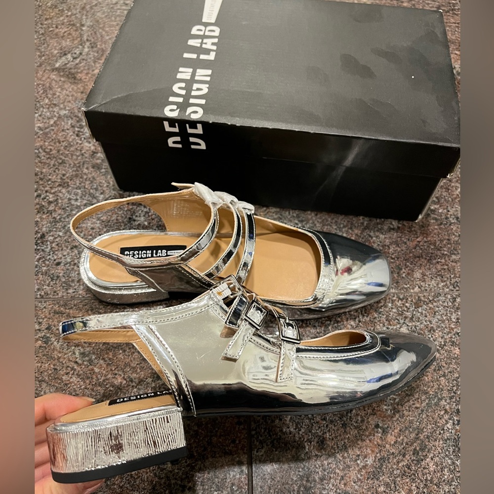 Brand New with Box Design Lab silver square toe flats size US 7.5 (fit small)